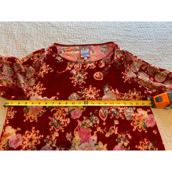 JOHNNY WAS Burnout Velvet SILK BLEND  Floral Boho Tunic Top Red Pink Roses L Lon - Picture 3 of 14